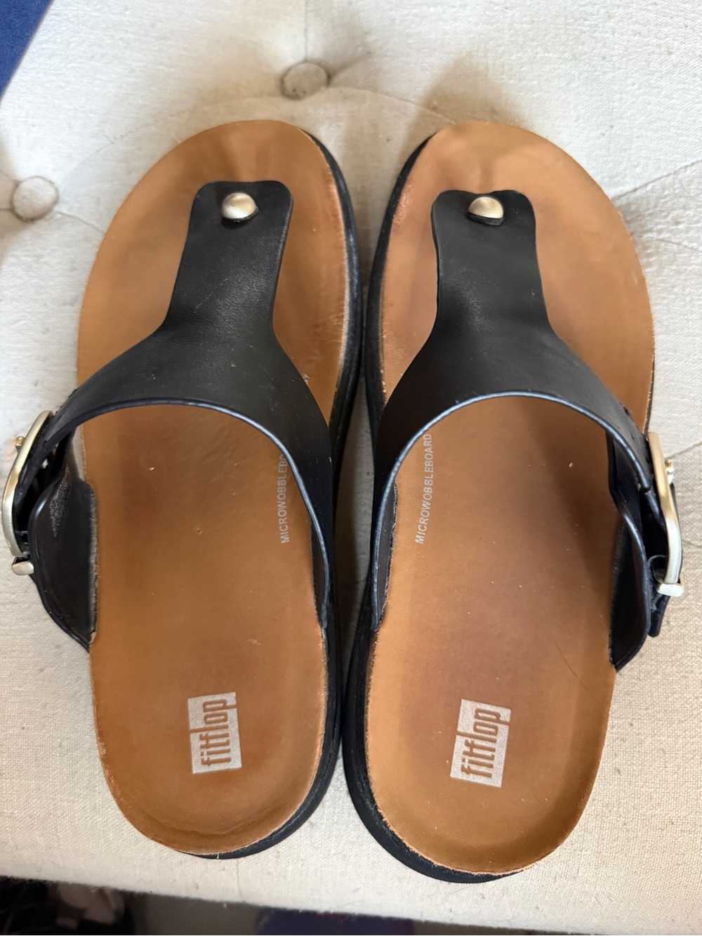 FitFlop Black and Tan Leather Toe-Post Sandals with cork footbed